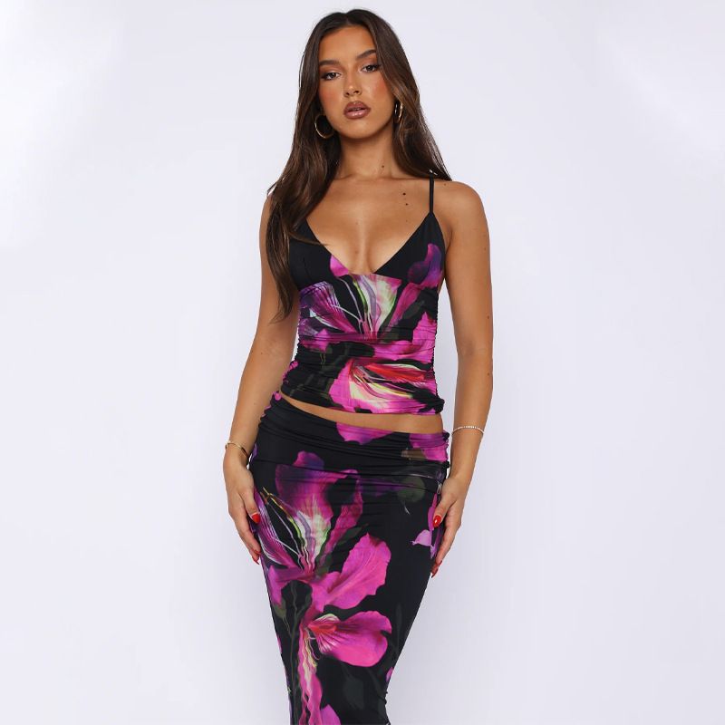 Abbigliamento da donna, canotta sexy estiva, alla moda, con stampa a fiori grandi, due pezzi_voghion.com