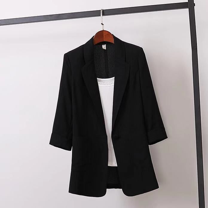 Korean Style Loose Women's Blazer Summer Thin Casual Oversized Suit Jacket With Notched Lapel & 3/4 Sleeve_voghion.com