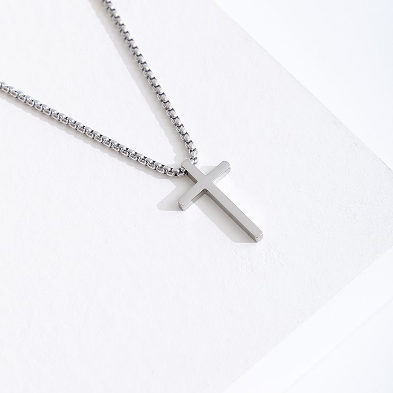 Stainless Steel Cross Necklace Men's Long Pendant Personality All Match Smooth Titanium Steel Necklace Cross_voghion.com