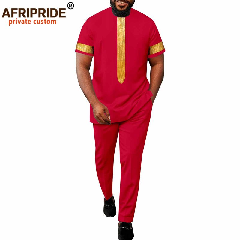 Männer Kleeder afrikanesch ethnesch zolidd Faarf Kotteng Männer Casual Jacket + Hosen_voghion.com