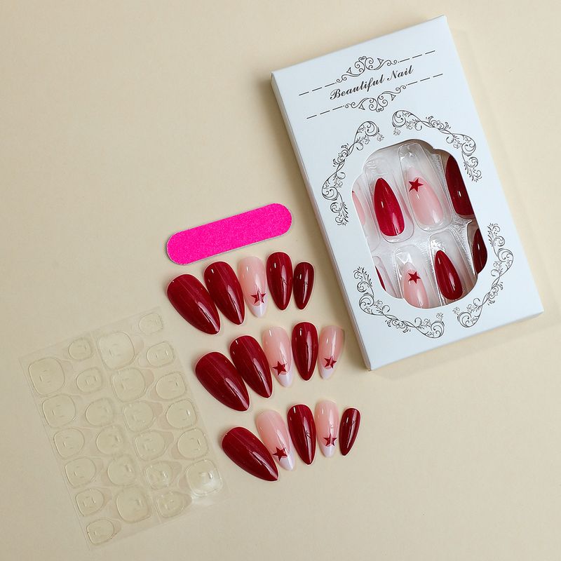 Wearable Nails 24 Pieces Almond Shaped Wine Red Christmas Style Five Pointed Star Ins Style False Nails Detachable Nail Art Nail Pieces_voghion.com