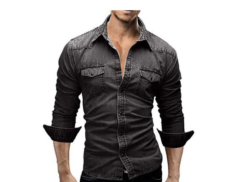 Men's Clothing long-sleeved shirt style youth casual solid color splicing men's denim shirt men_voghion.com