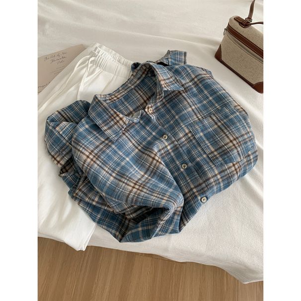 Giacca da donna a maniche lunghe in plaid blu spazzolato per ragazza 2025 primavera e autunno, nuova maglia elegante retrò francese con design_voghion.com