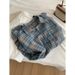 Giacca da donna a maniche lunghe in plaid blu spazzolato per ragazza 2025 primavera e autunno, nuova maglia elegante retrò francese con design_voghion.com