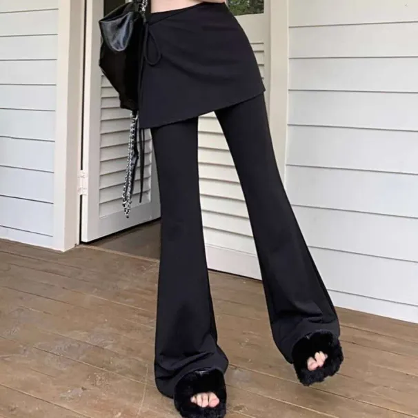 Black High-Waisted Summer Casual Women, Designed For A Slimming Effect, Loose Fit, Long Flared Pants, Bootcut Pants_voghion.com