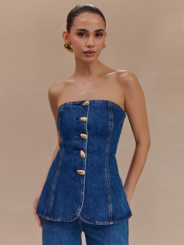 Women's Denim Tube Top - Sleeveless Metal Button Corset Vest Sexy Stretch Crop Top For Spring & Summer_voghion.com