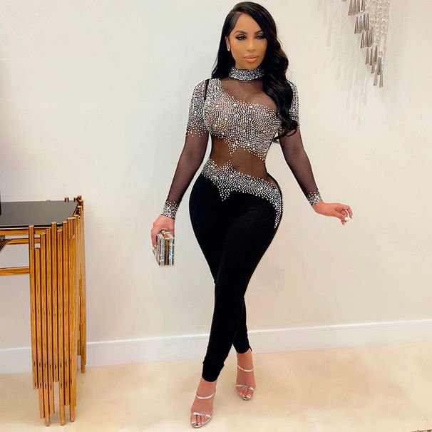 Damenbekleidung Mode Sexy Mesh Durchsichtige Heiße Diamanthose Langärmeliger Overall Für Frauen_voghion.com