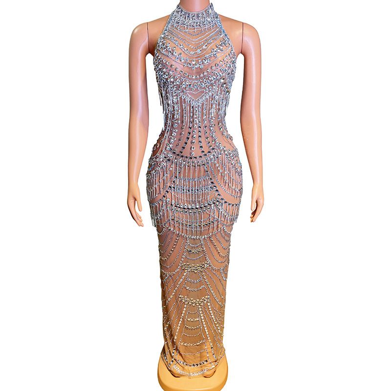 Temperament formal dress, long skirt, fashionable hanging neck, backless sexy company banquet party, stage host dress_voghion.com