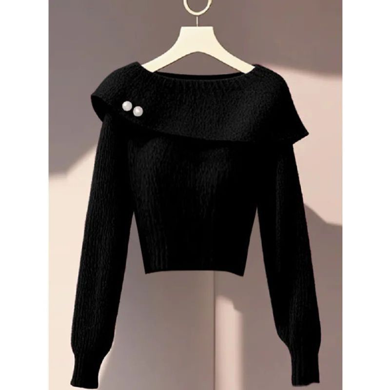 Women's Clothing autumn and winter short sweater knitted sweater new black tea style wear high end fashion slim fit_voghion.com
