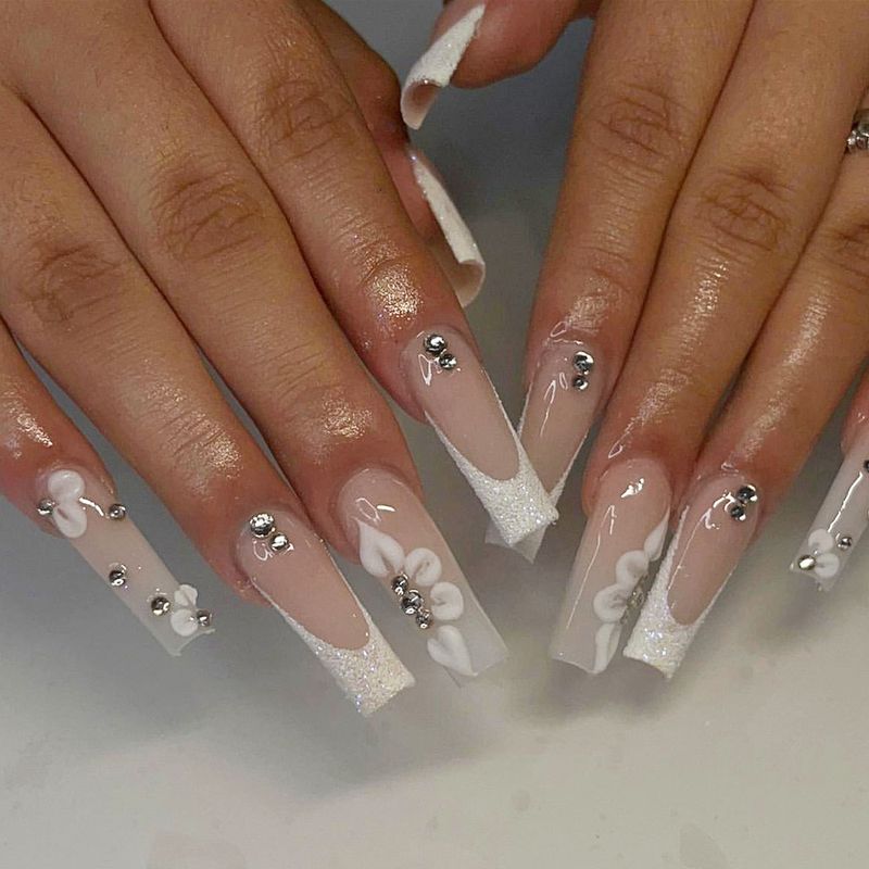 24 stuks lange extra vierkante kunstnagels roze strik parel ontwerp nepnagels draagbaar frans ballet pers op nagels wit_voghion.com