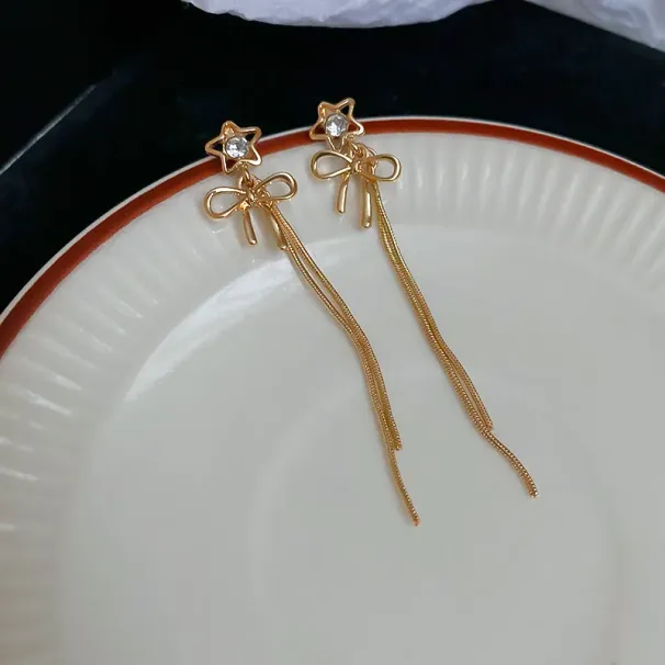 Silver Toned Star Bow Tassel Earrings CZ Accented Sparkle, Graceful Long Chains, Delicate - Dangle Style For Elegant Or_voghion.com