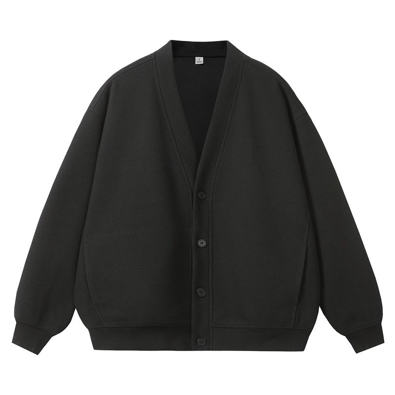Herrenbekleidung Retro Einfarbig Waffelpullover Strickjacke Jacke Schwer 400G V-Ausschnitt Langarm Top Trend_voghion.com
