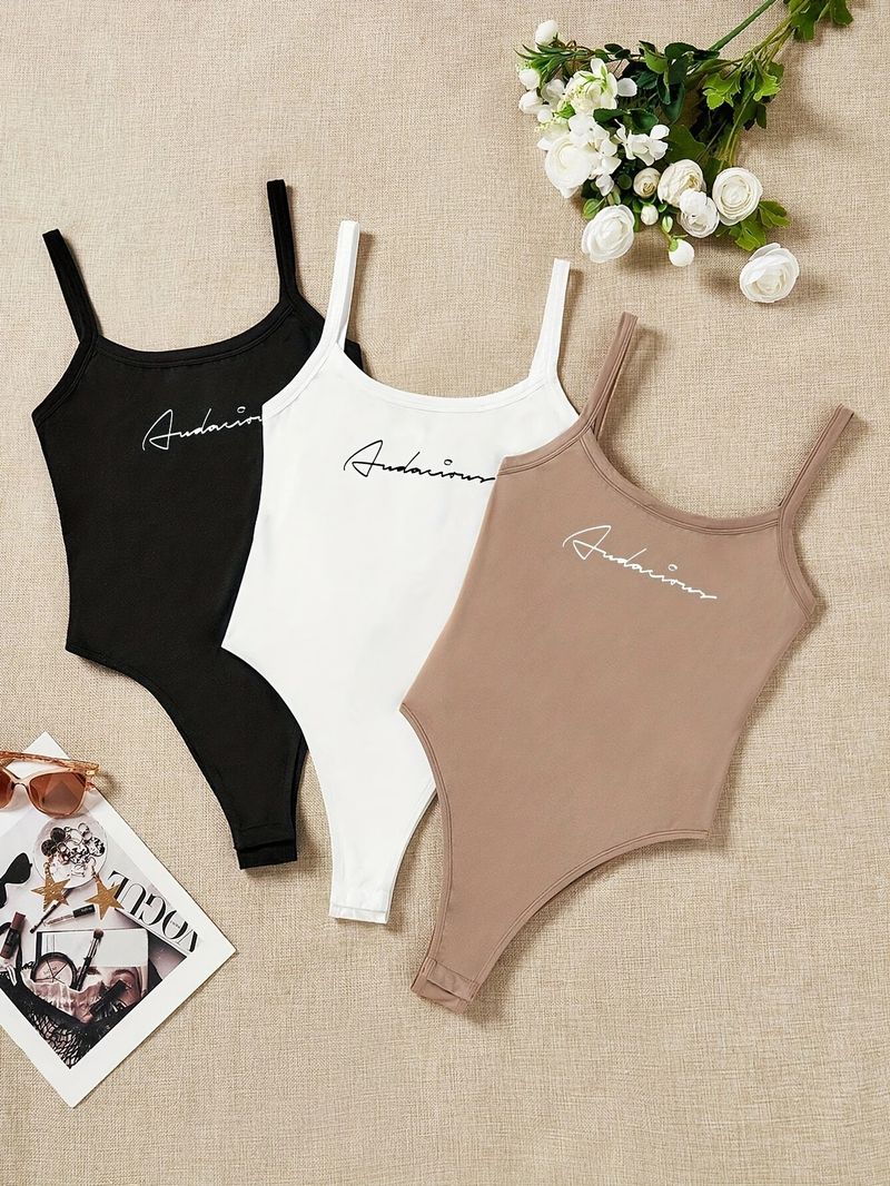Odzież damska Hot Girl Style Ins Slim Solid Color Okrągły dekolt Drukowana kamizelka Szelki 3-częściowy obcisły kombinezon_voghion.com