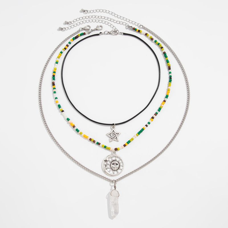 European And American Cross Border Jewelry Round Crystal Pendant Beaded Necklace Set Female Ethnic Style Retro Multi Layered Necklace_voghion.com