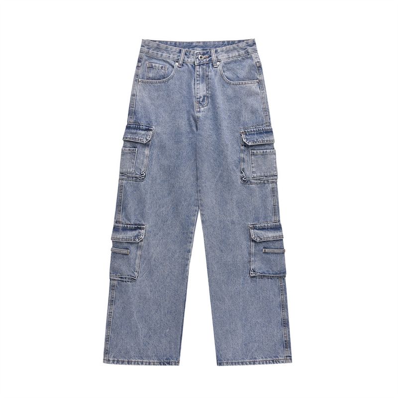 Herrenbekleidung Multi-Pocket-Cargo-Jeans Herrenmode verwaschene lockere gerade Beinweite Hose_voghion.com