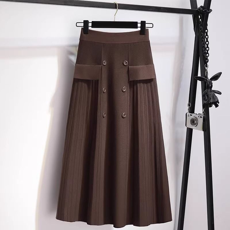 Gonna nera da donna taglie forti autunno e inverno, gonna a pieghe a vita alta in maglia di media lunghezza, gonna sottile con tasca_voghion.com