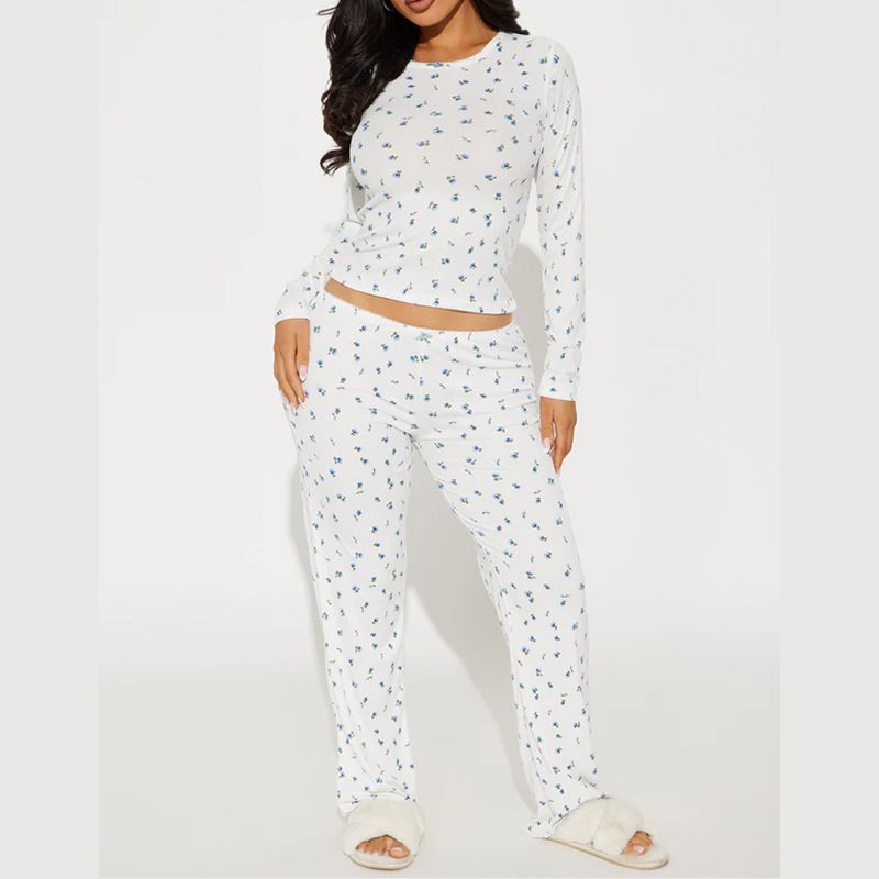 Women's Clothing Casual Cute Flower Round Neck Long Sleeve Home Comfortable Trousers Set_voghion.com