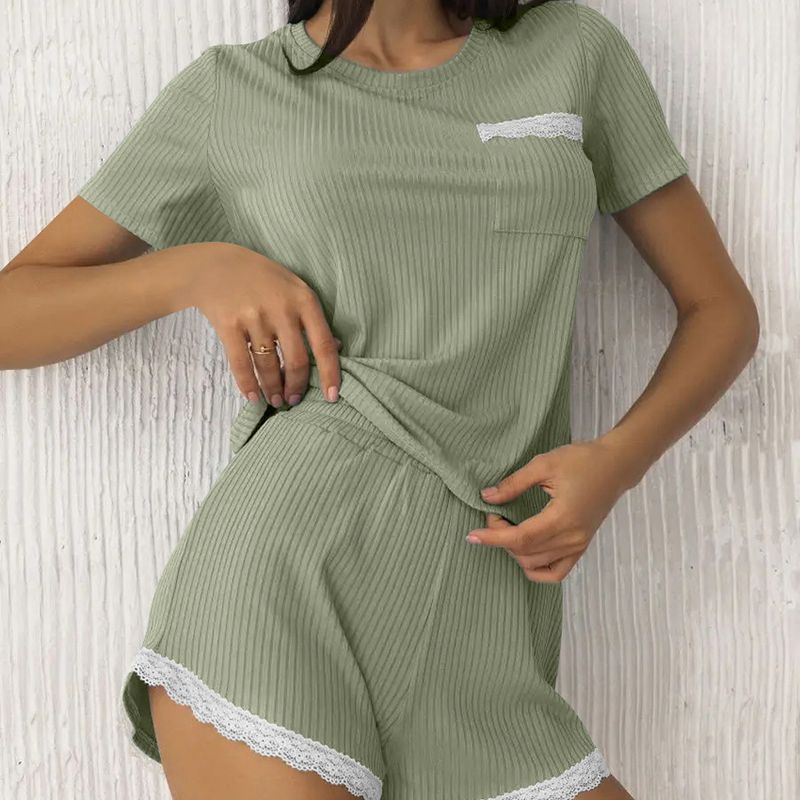 Women's clothing Knitted Lace Short Sleeve Shorts Pajamas Two-piece Set Cool Outerwear Women's Home Clothes_voghion.com