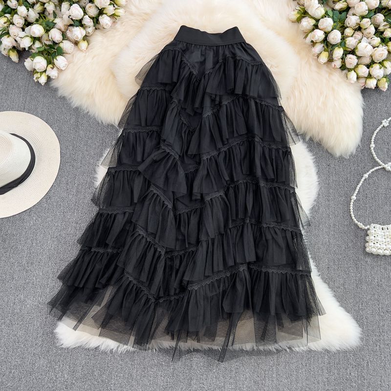 Damenbekleidung Elastischer Bund, süßer, gekräuselter Kuchenrock, stilvolle und altersreduzierende Mode, alles passend zu hoher Taille, mittlerer Länge, A-Linienrock, Sommer_voghion.com