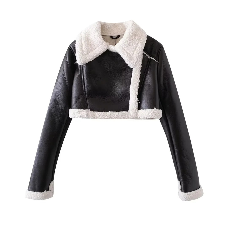 Damen-Bikerjacke mit schwarzer Haut und weißen Haaren, eine kurze Straße, Hottie_voghion.com