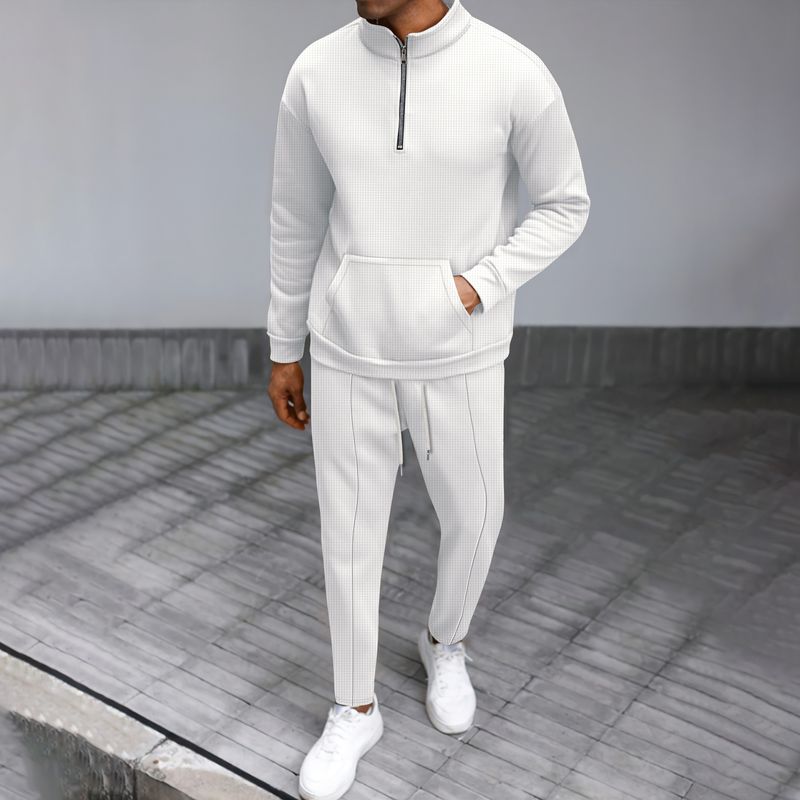 Autumn New Waffle High Neck Half Zipper Pocket Sleeve Sweatshirt Long Pants Casual Set_voghion.com