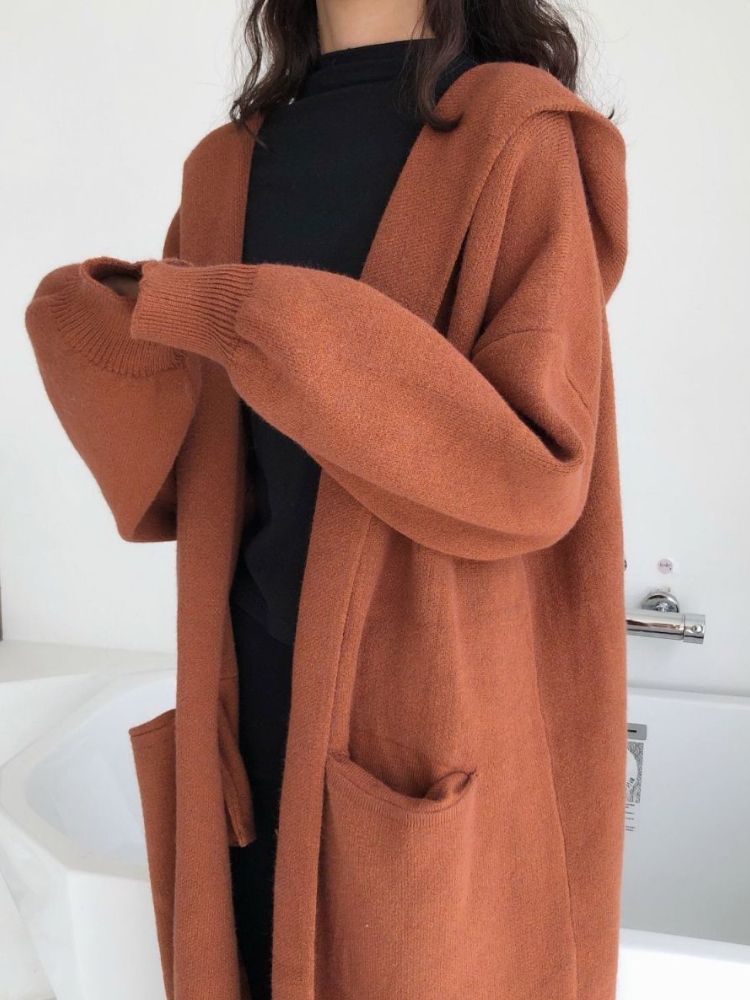 Mode Dames Truien 2023 Herfst/Winter Effen Capuchon Gebreide Losse Lange Jas Top Oversized Cardigan Dames_voghion.com