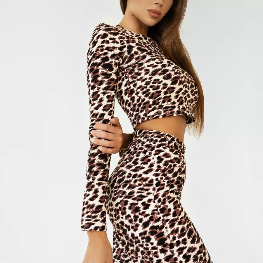 Neu Leopard Print Zwei-stück Lange-ärmeln Hose Hohe taille Sexy Loungewear_voghion.com