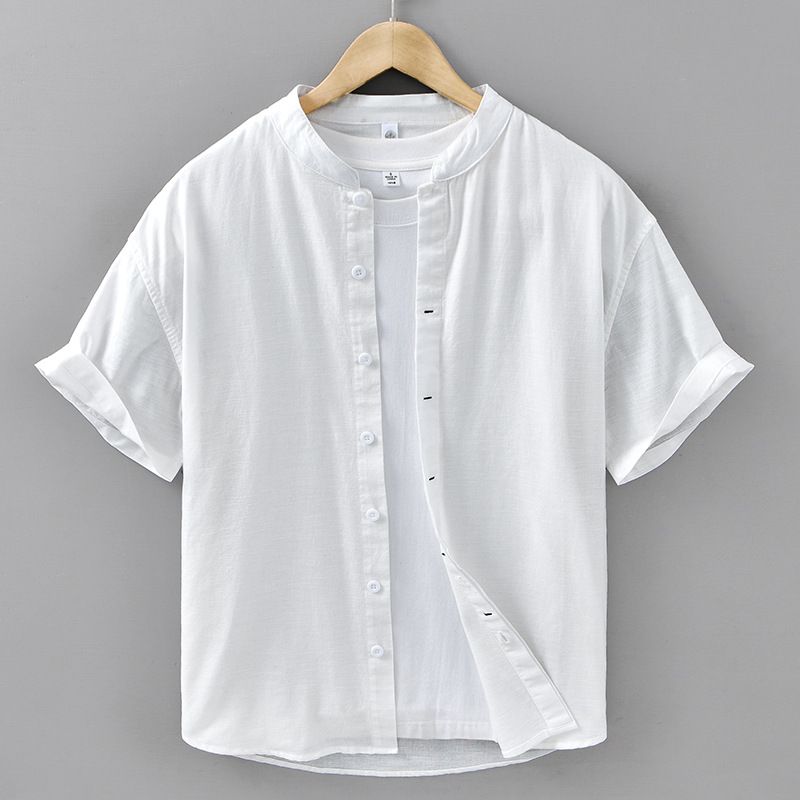 Camicia da uomo estiva semplice in cotone e lino, casual, con colletto alto, elegante e comoda, in lino traspirante._voghion.com