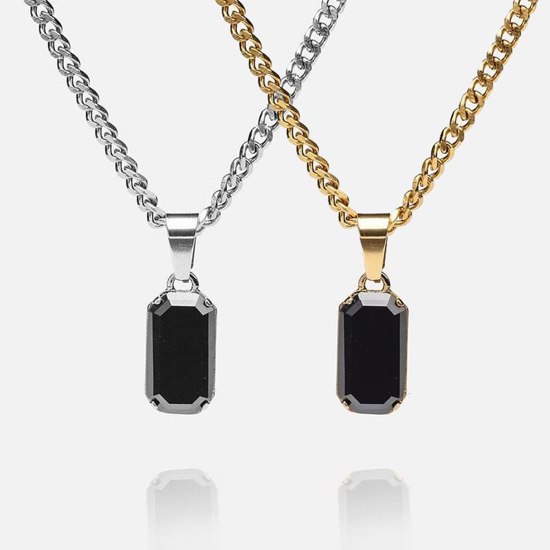 Men's Jewelry Stainless Steel Zircon Geometric Rectangle Pendant Layered Cuban Chain Necklace_voghion.com