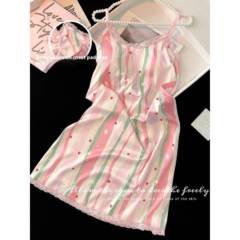 Ins style summer nightgown with chest cushion, women's  silk sleepwear, sexy, sweet, small and fresh suspender_voghion.com