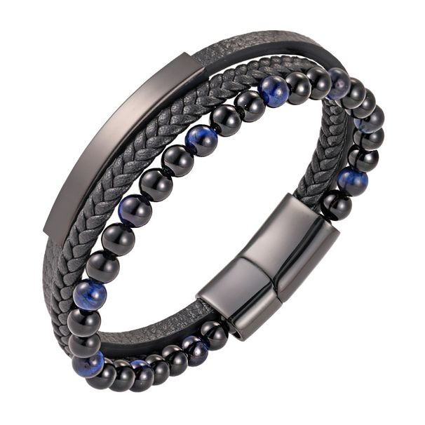 Men's Braided Multi-Layer Black Genuine Leather Bracelet With Natural Tiger Eye Stone, Magnetic Closure, Handcrafted Chain Link Cuff_voghion.com