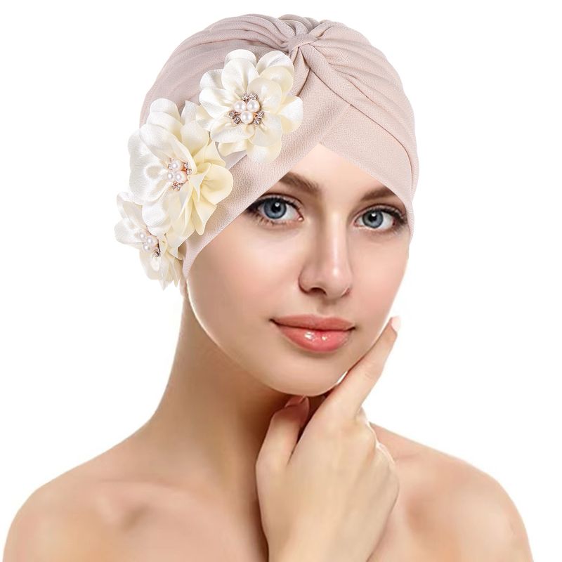  Chapeau de pastèque plissé en toile de jute emmêlée avec trois fleurs, turban, chapeau Baotou indien à la mode_voghion.com