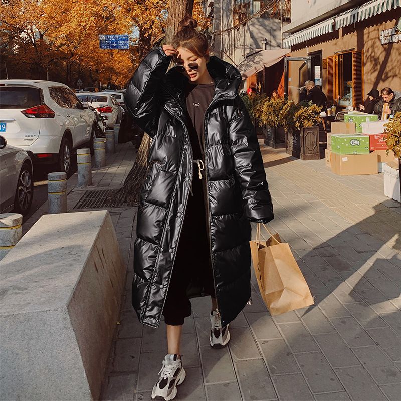 Women's patent leather bright wash long Warm jacket jacket length over the knee silver loose ins_voghion.com