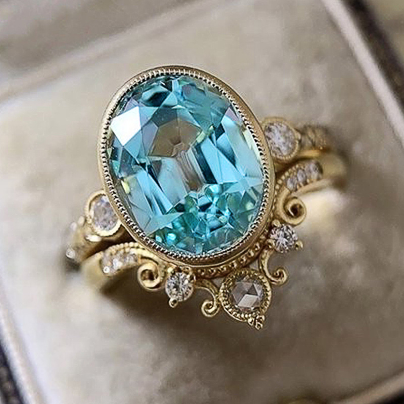 Cao Shi Set Anello Corona d'oro Anello da donna con zirconi ovali blu mare Anello da donna_voghion.com