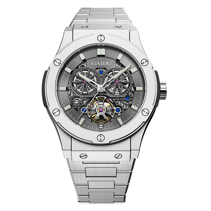 Orologio meccanico automatico da uomo in acciaio inossidabile con lancette luminose, orologio da lavoro resistente all'acqua, quadrante rotondo, vetro minerale, chiusura a farfalla_voghion.com