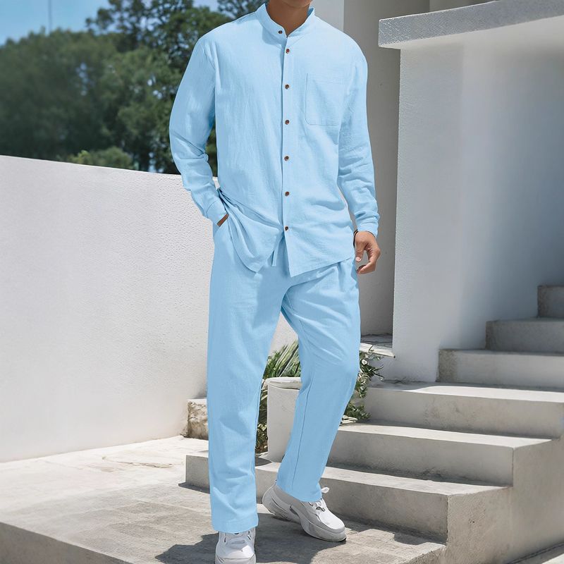 Herrenbekleidung, Retro-Set aus Leinenhemd und -hose mit Stehkragen, lässiges Langarm-Oberteil mit Knopfleiste, Hose mit entspannter Passform (Weiß, Marineblau, Armeegrün)_voghion.com