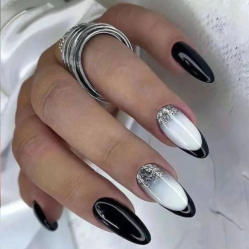 24 Stuks Vorm Amandel Nep Nagels Met Jelly Lijm Blauw Franse Lange Kunstnagels Set Wearable Druk Op Nagels Met Rh_voghion.com