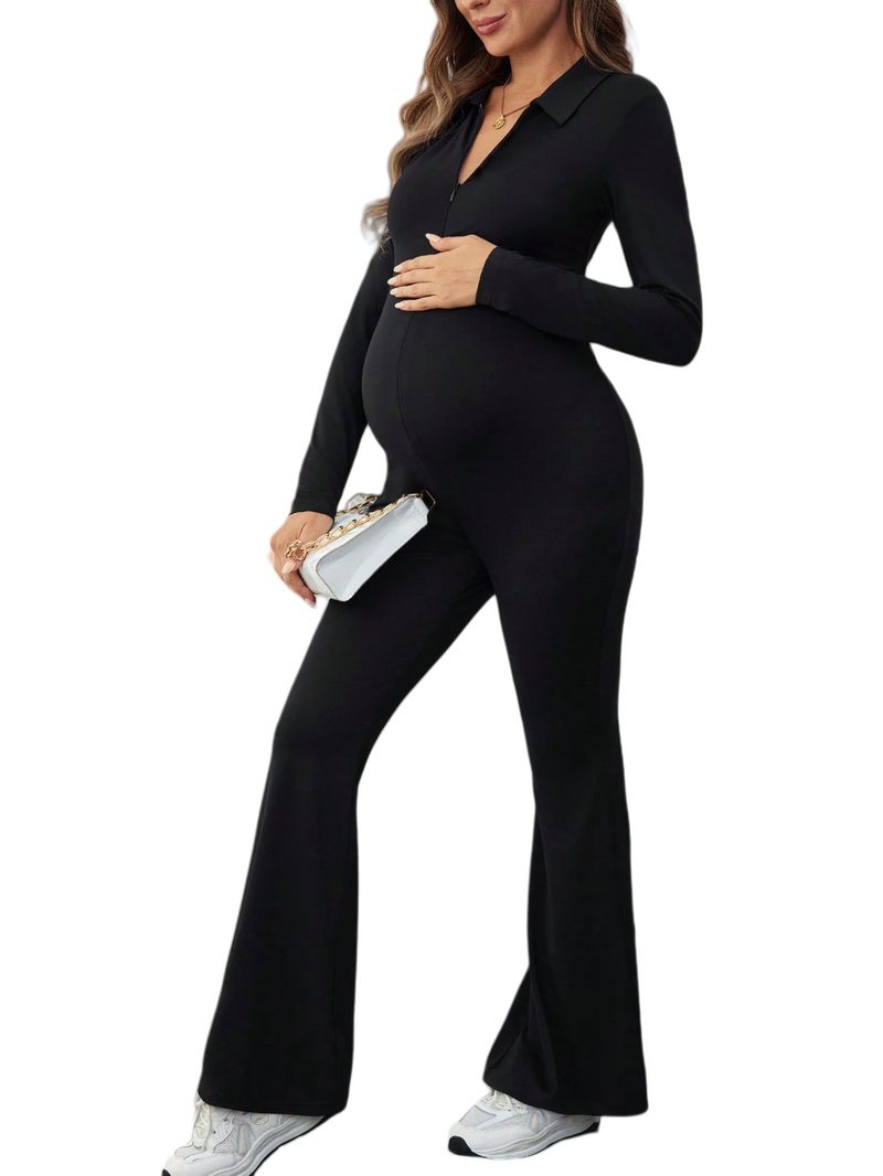 Women's Clothing Pregnant Women Slim Fashion Temperament Belly Lifting Hip Zipper V Neck Jumpsuit_voghion.com