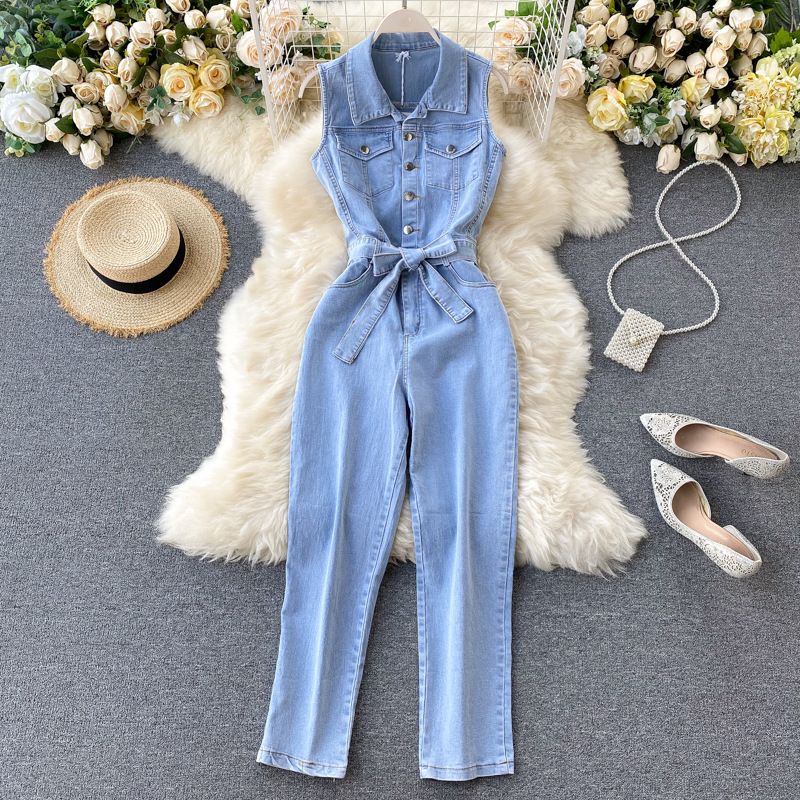 Stile Hong Kong in stile coreano da donna retrò con lacci sul petto vita che dimagrisce pantaloni dritti a gamba larga tuta in denim per l'estate da donna_voghion.com
