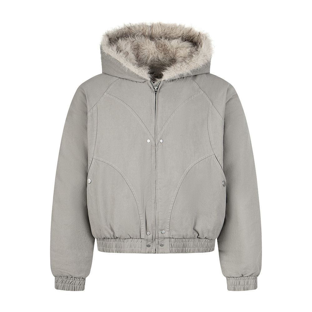 Winter Thickened Short Jacket With Camouflage Design, Pockets, Canvas Workwear, Fur Collar, Hooded Cotton Coat For Men_voghion.com