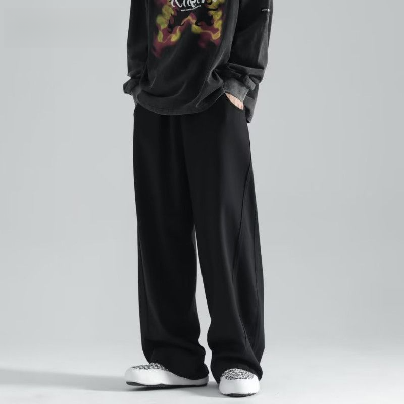 Zhuangji Sommer-dünne Herren-Trendhose mit weitem Bein, hoher Taille, bodenlang, gerader Schnitt, Neun-Punkt-Hose, lockere Passform_voghion.com