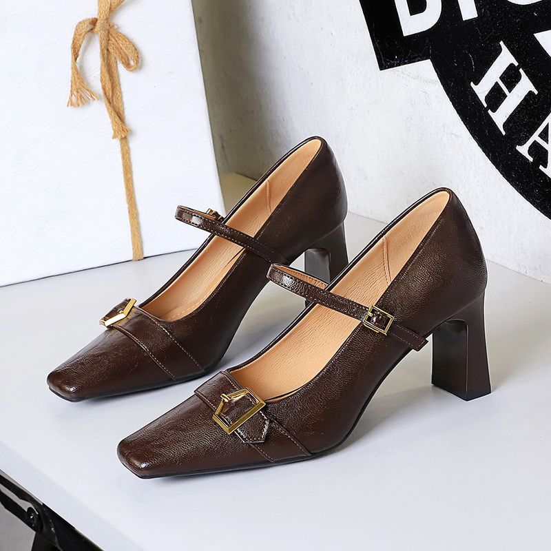 One-word High-heeled Single Shoes Women's Square Head Light Mouth Thick-heeled High-heeled Shoes Metal Belt Buckle Women's Shoes_voghion.com