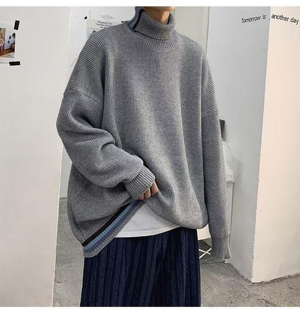 Men's Clothing Fashion color turtleneck sweater autumn and winter Hong Kong style retro all match Korean style knitted sweater warm couple tops_voghion.com
