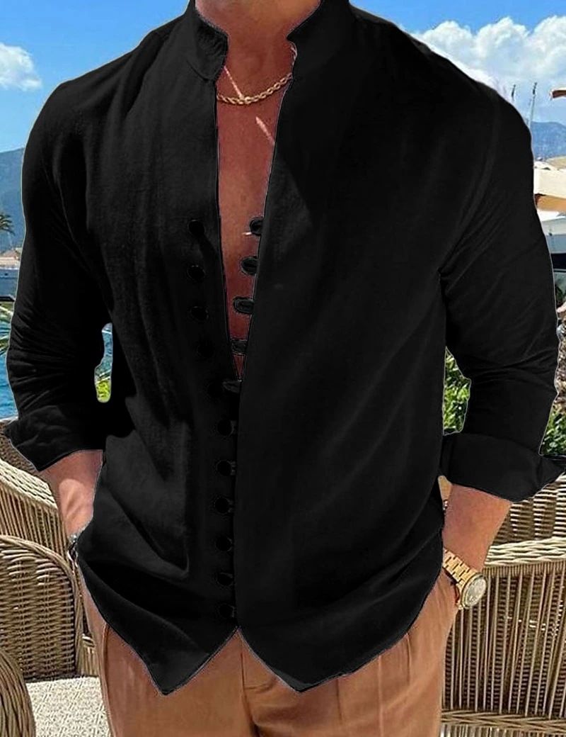 Camicia casual a maniche lunghe in cotone top da uomo retrò Camicia monopetto slim fit con collo in piedi_voghion.com