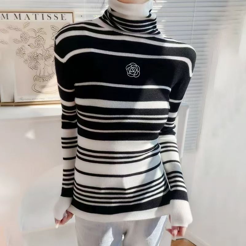 Maglione invernale a righe con colletto in pile, elastico, vestibilità slim, con ricamo, per abbigliamento da donna_voghion.com