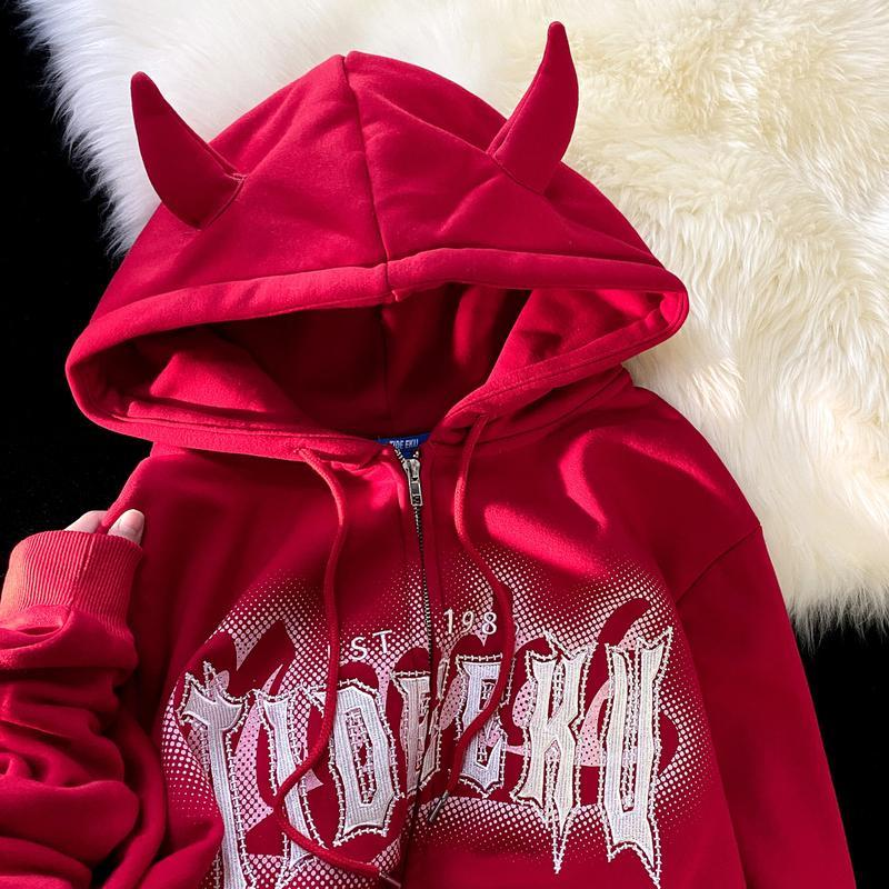 Haruku Brand Letters Print Kawaii Horn Devil Zip Up Hoodie Jackets Teenage Couples Oversized Sweatshirt Coats Hip Hop_voghion.com