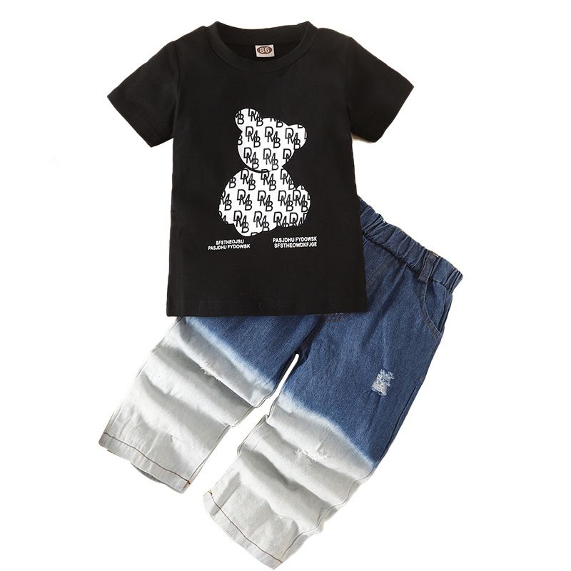 Terno infantil para meninos, camiseta de manga curta com estampa de desenho animado e calça jeans tie-dye que muda de cor_voghion.com