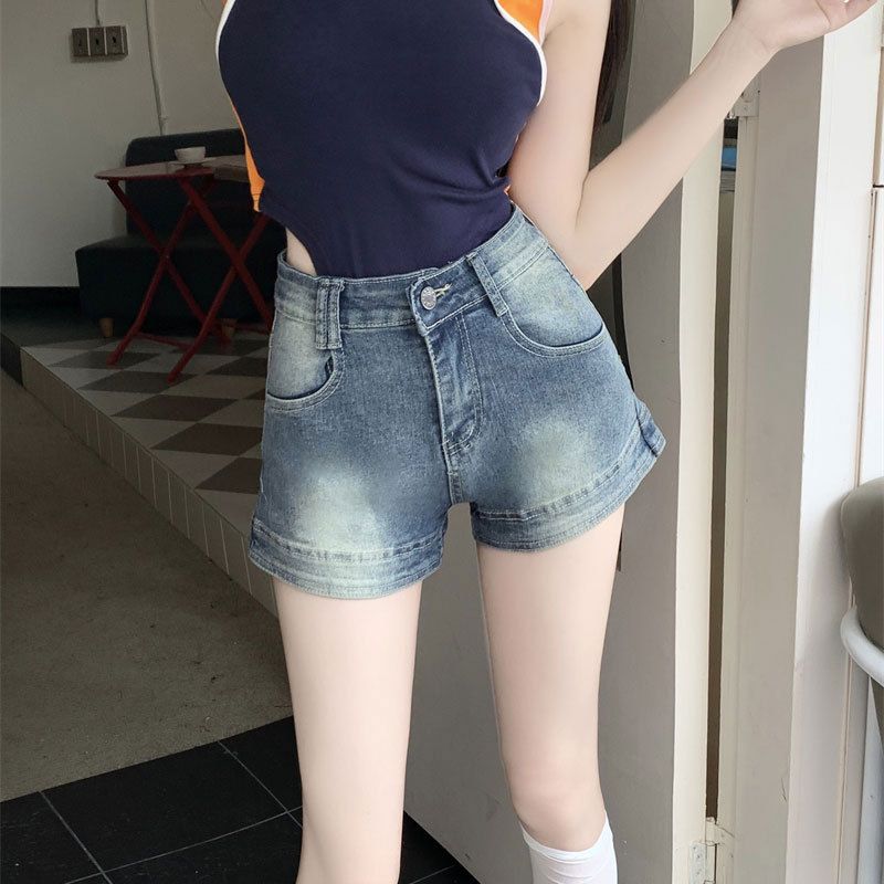 Elastic slim fit, high waisted, versatile denim shorts, women's internet celebrity, American style distressed wrap_voghion.com