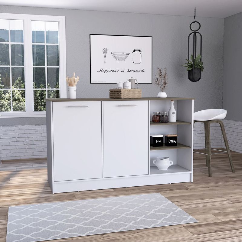 Ginger Kitchen Island, Three Open Shelves, Two Cabinets -White / Dark Brown_voghion.com