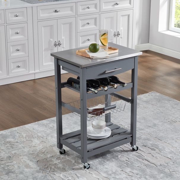 Mobile Rolling Kitchen Island Trolley Serving Cart With Underneath Drawer & Slide-Out Wire Storage Basket_voghion.com